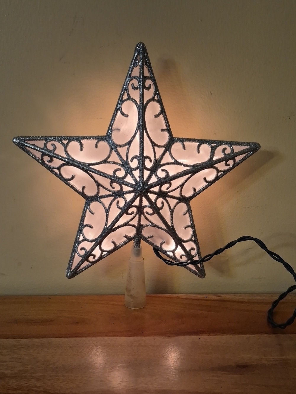 Star Tree Topper with Silver Glitter Scroll Design